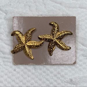 Antique Bright Gold Starfish Stud Costume Earrings Jewelry Beach Summer Resort